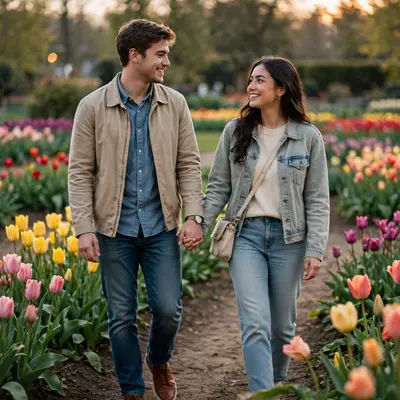 Create an ultra-realistic cinematic photograph of a young couple walking hand in hand through a tulip garden, soft evening light, both smiling at each