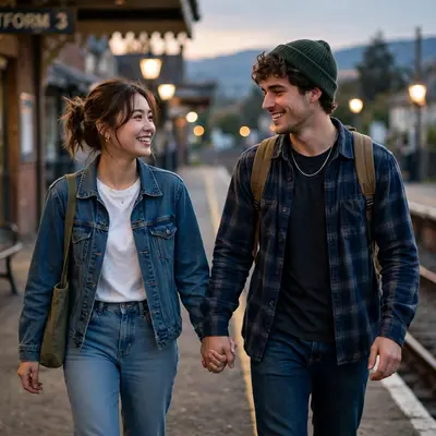 Create an ultra-realistic cinematic photograph of a young couple walking hand in hand through a quiet railway platform, soft evening light, both smili