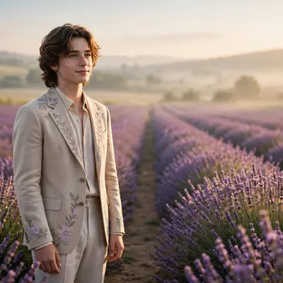 Create an ultra-realistic cinematic photograph of a young person in elegant attire standing in a lavender field in dreamy light, cinematic composition