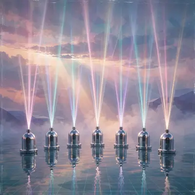 A choir of chrome buoys singing light beams over a synthetic ocean at dusk, vaporwave surrealism, VHS grain, hymnal artificial mood, pastel god rays
