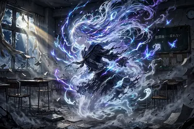 Epic anime splash art featuring a ghost girl drifting through an empty classroom in modern shonen anime style, energy crackling around the figure