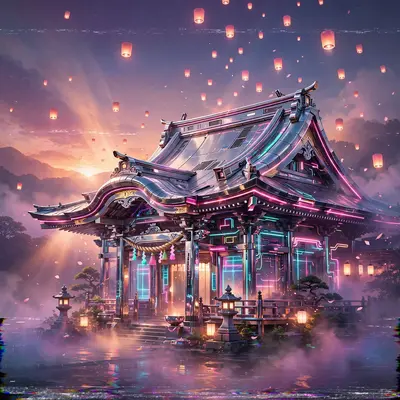 A Shinto-style temple rebuilt in neon and chrome, lanterns floating upward into a gradient dusk, vaporwave fusion art, VHS grain, serene