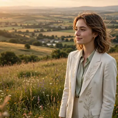 Create an ultra-realistic cinematic photograph of a young person in elegant attire standing in a hilltop meadow in warm light, cinematic composition