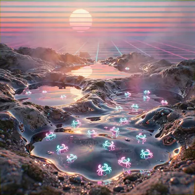 Liquid chrome tidepools reflecting a low striped sun, tiny neon crabs of light skittering across, vaporwave macro 3D, VHS grain, quiet wonder mood