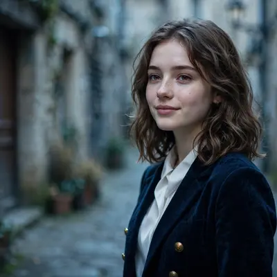 Create an ultra-realistic cinematic photograph of a young person in elegant attire standing in a old town alley in cool light, cinematic composition