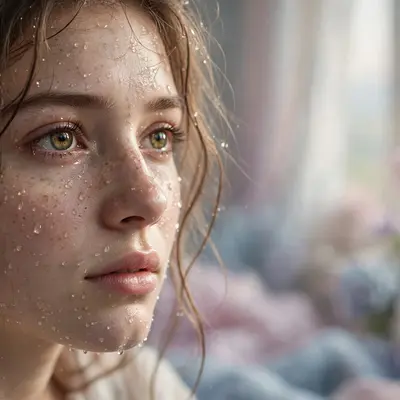 Create an ultra-realistic cinematic photograph of a close-up portrait of a young woman with expressive eyes, soft window light, dewdrops on skin, drea
