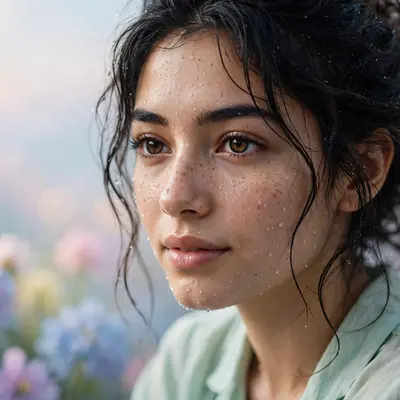 Create an ultra-realistic cinematic photograph of a close-up portrait of a young woman with expressive eyes, soft window light, dewdrops on skin, drea