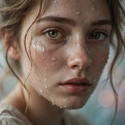 Create an ultra-realistic cinematic photograph of a close-up portrait of a young woman with expressive eyes, soft window light, dewdrops on skin, drea