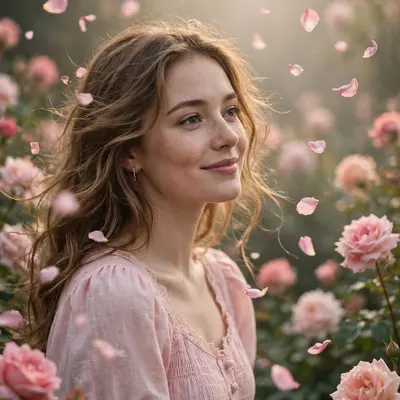 Create an ultra-realistic cinematic photograph of a young woman in a soft pastel dress in a blooming garden, dreamy haze, petals floating in the air