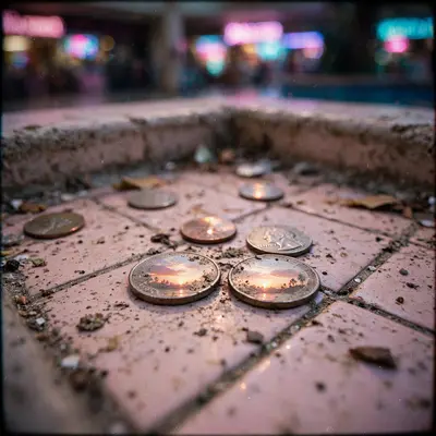 Coins glinting in a dry mall fountain, each one reflecting a tiny sunset, vaporwave macro photography, VHS grain, wistful wishing mood, shallow depth