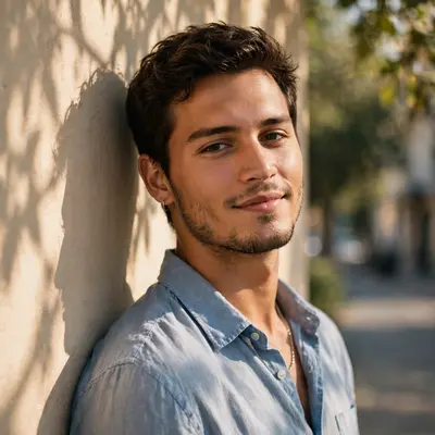 Create an ultra-realistic cinematic photograph of a stylish young man in a casual shirt posing by a sunlit wall with shadows of leaves, confident rela