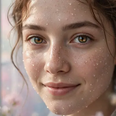 Create an ultra-realistic cinematic photograph of a close-up portrait of a young woman with expressive eyes, soft window light, dewdrops on skin, drea