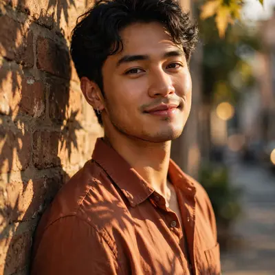 Create an ultra-realistic cinematic photograph of a stylish young man in a casual shirt posing by a sunlit wall with shadows of leaves, confident rela