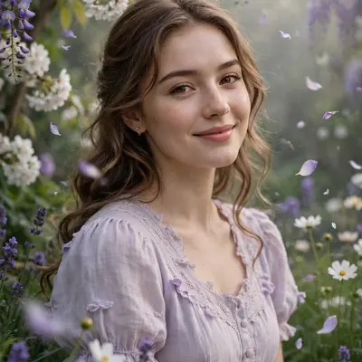 Create an ultra-realistic cinematic photograph of a young woman in a soft pastel dress in a blooming garden, dreamy haze, petals floating in the air