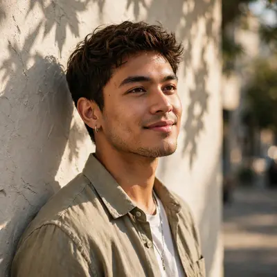 Create an ultra-realistic cinematic photograph of a stylish young man in a casual shirt posing by a sunlit wall with shadows of leaves, confident rela