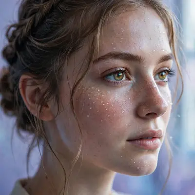Create an ultra-realistic cinematic photograph of a close-up portrait of a young woman with expressive eyes, soft window light, dewdrops on skin, drea