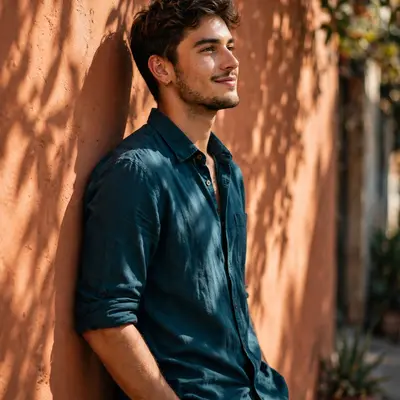 Create an ultra-realistic cinematic photograph of a stylish young man in a casual shirt posing by a sunlit wall with shadows of leaves, confident rela