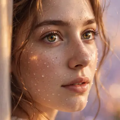 Create an ultra-realistic cinematic photograph of a close-up portrait of a young woman with expressive eyes, soft window light, dewdrops on skin, drea