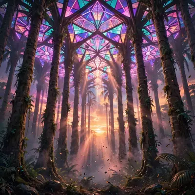 Palm trunks rising like cathedral columns, neon stained-glass canopy filtering a sunset, vaporwave sacred nature art, VHS grain, reverent tropical