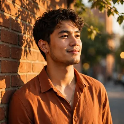 Create an ultra-realistic cinematic photograph of a stylish young man in a casual shirt posing by a sunlit wall with shadows of leaves, confident rela