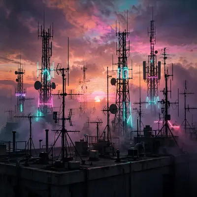 A rooftop antenna farm silhouetted against a static-filled sunset, broadcast towers humming neon, vaporwave photography, VHS grain, lonely