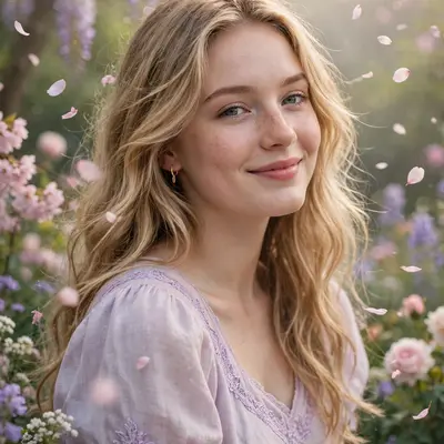 Create an ultra-realistic cinematic photograph of a young woman in a soft pastel dress in a blooming garden, dreamy haze, petals floating in the air