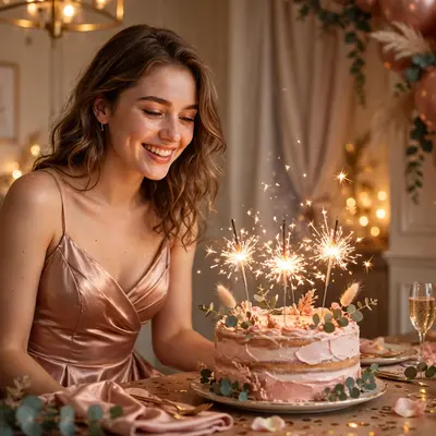 Create an ultra-realistic cinematic photograph of a young person celebrating a birthday in a room decorated with balloons in rose gold, a cake with sp