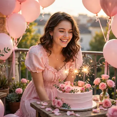 Create an ultra-realistic cinematic photograph of a young person celebrating a birthday in a room decorated with balloons in pastel pink, a cake with
