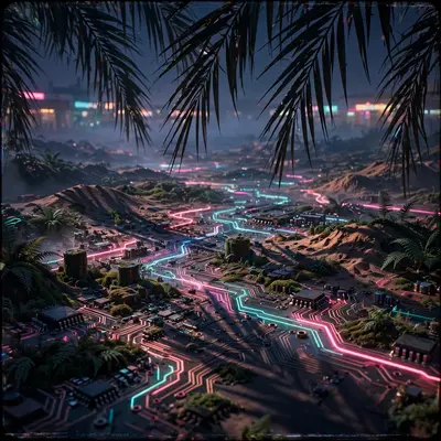 Palm shadows falling across a glowing circuit-board desert at dusk, traces pulsing neon, vaporwave macro landscape, VHS grain, electric nature mood
