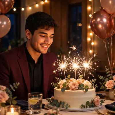 Create an ultra-realistic cinematic photograph of a young person celebrating a birthday in a room decorated with balloons in rose gold, a cake with sp