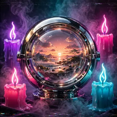 A fortune teller's chrome crystal ball showing a tiny sunset world inside, neon candles around it, vaporwave mystic art, VHS grain, mystical retro
