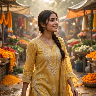 Create a cinematic AI video: a cinematic slow-motion scene of a young person walking through a flower market, camera moving smoothly, warm light, expr