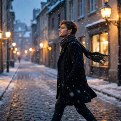 Create a cinematic AI video: a cinematic slow-motion scene of a young person walking through a snowy lane, camera moving smoothly, warm light, express