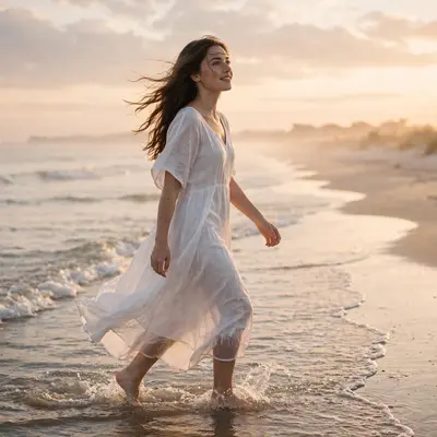 Create a cinematic AI video: a cinematic slow-motion scene of a young person walking through a beach at dawn, camera moving smoothly, warm light, expr