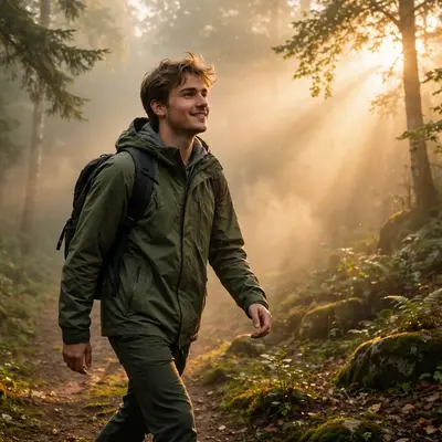 Create a cinematic AI video: a cinematic slow-motion scene of a young person walking through a forest path, camera moving smoothly, warm light, expres