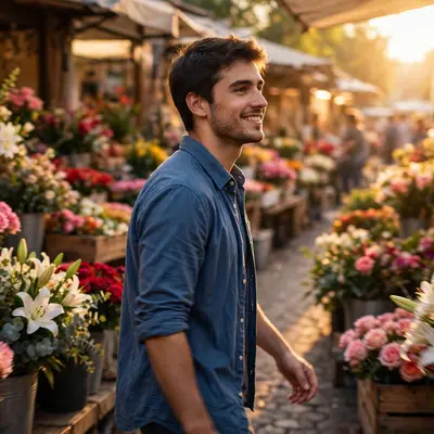 Create a cinematic AI video: a cinematic slow-motion scene of a young person walking through a flower market, camera moving smoothly, warm light, expr