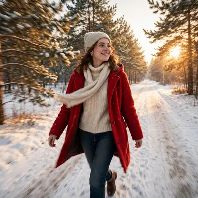 Create a cinematic AI video: a cinematic slow-motion scene of a young person walking through a snowy lane, camera moving smoothly, warm light, express