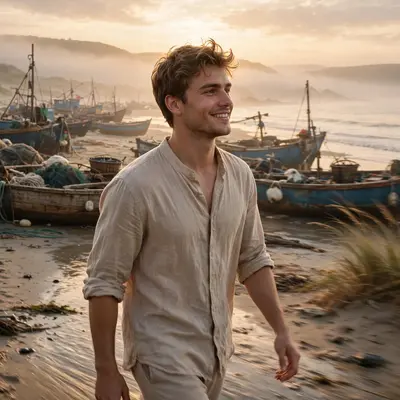 Create a cinematic AI video: a cinematic slow-motion scene of a young person walking through a beach at dawn, camera moving smoothly, warm light, expr