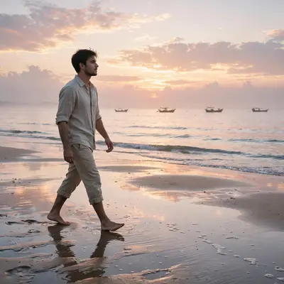 Create a cinematic AI video: a cinematic slow-motion scene of a young person walking through a beach at dawn, camera moving smoothly, warm light, expr