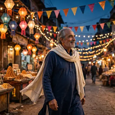 Create a cinematic AI video: a cinematic slow-motion scene of a young person walking through a festive street, camera moving smoothly, warm light, exp
