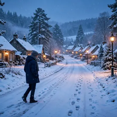 Create a cinematic AI video: a cinematic slow-motion scene of a young person walking through a snowy lane, camera moving smoothly, warm light, express