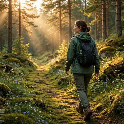 Create a cinematic AI video: a cinematic slow-motion scene of a young person walking through a forest path, camera moving smoothly, warm light, expres