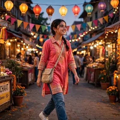 Create a cinematic AI video: a cinematic slow-motion scene of a young person walking through a festive street, camera moving smoothly, warm light, exp