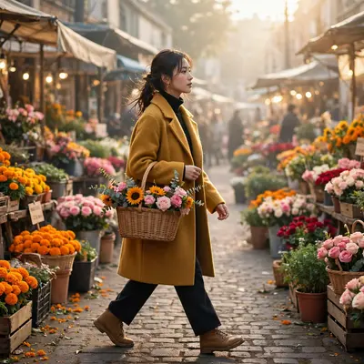 Create a cinematic AI video: a cinematic slow-motion scene of a young person walking through a flower market, camera moving smoothly, warm light, expr