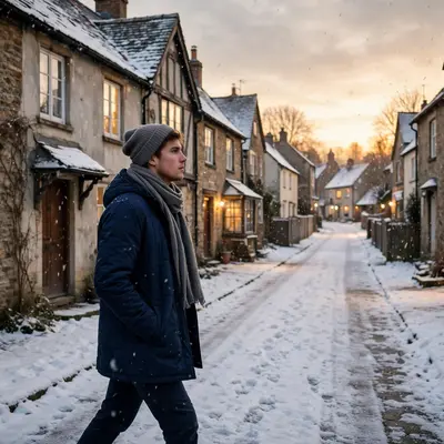Create a cinematic AI video: a cinematic slow-motion scene of a young person walking through a snowy lane, camera moving smoothly, warm light, express