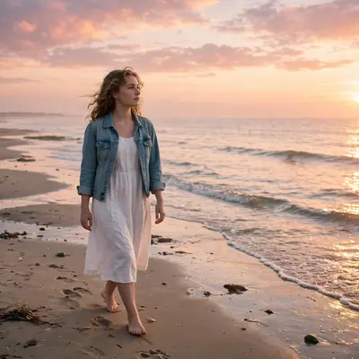 Create a cinematic AI video: a cinematic slow-motion scene of a young person walking through a beach at dawn, camera moving smoothly, warm light, expr