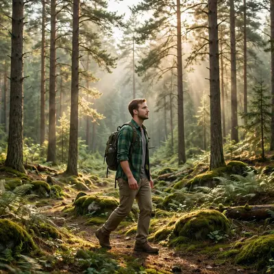 Create a cinematic AI video: a cinematic slow-motion scene of a young person walking through a forest path, camera moving smoothly, warm light, expres