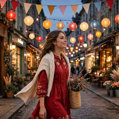 Create a cinematic AI video: a cinematic slow-motion scene of a young person walking through a festive street, camera moving smoothly, warm light, exp