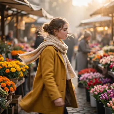 Create a cinematic AI video: a cinematic slow-motion scene of a young person walking through a flower market, camera moving smoothly, warm light, expr
