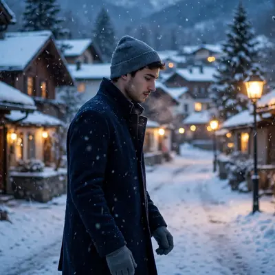Create a cinematic AI video: a cinematic slow-motion scene of a young person walking through a snowy lane, camera moving smoothly, warm light, express